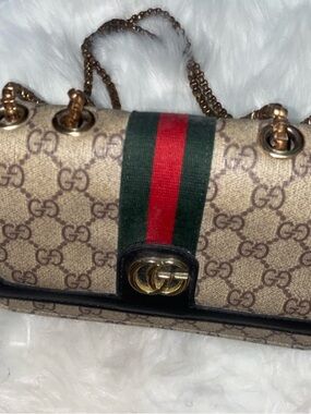 Gucci Beige Monogram Shoulder Bag with Green and Red Stripe